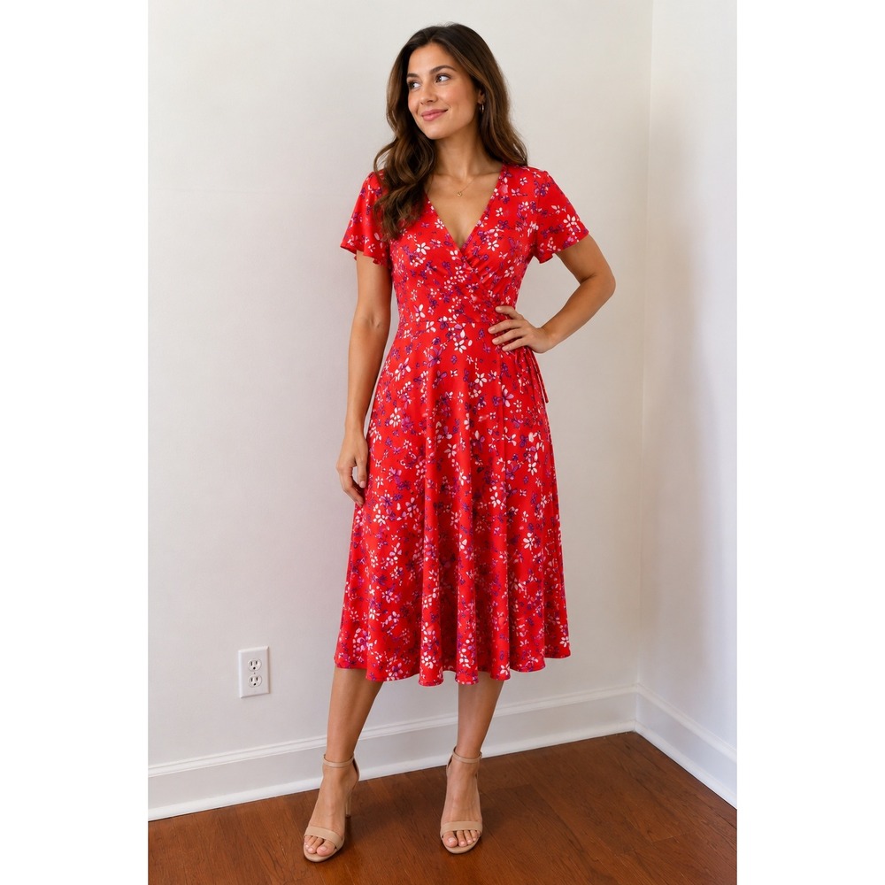 Kaileigh Faux Wrap Dress Womens Small Cottagecore Red Butterfly Floral Flutter